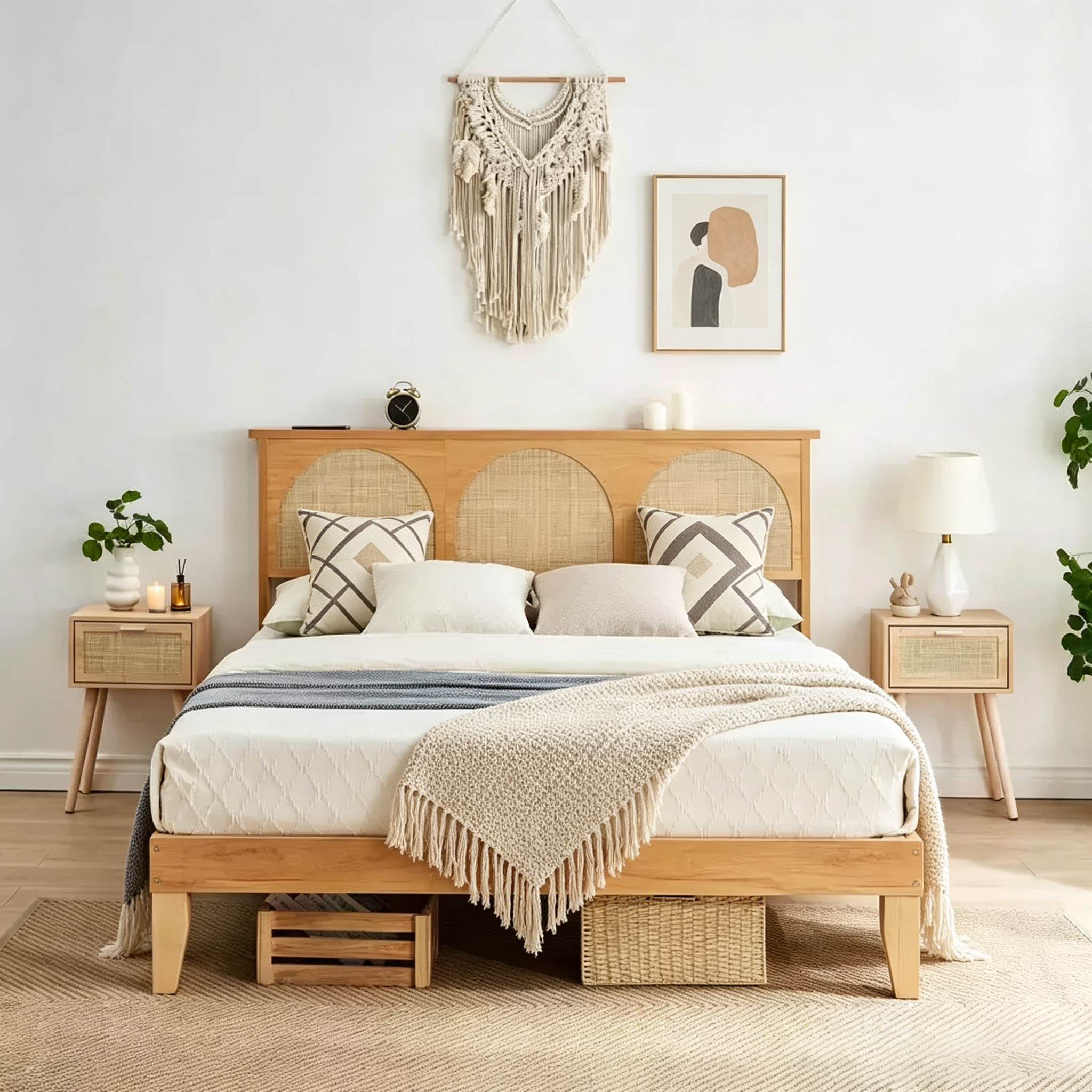 Wicker bed frame, wooden bed frame with storage space