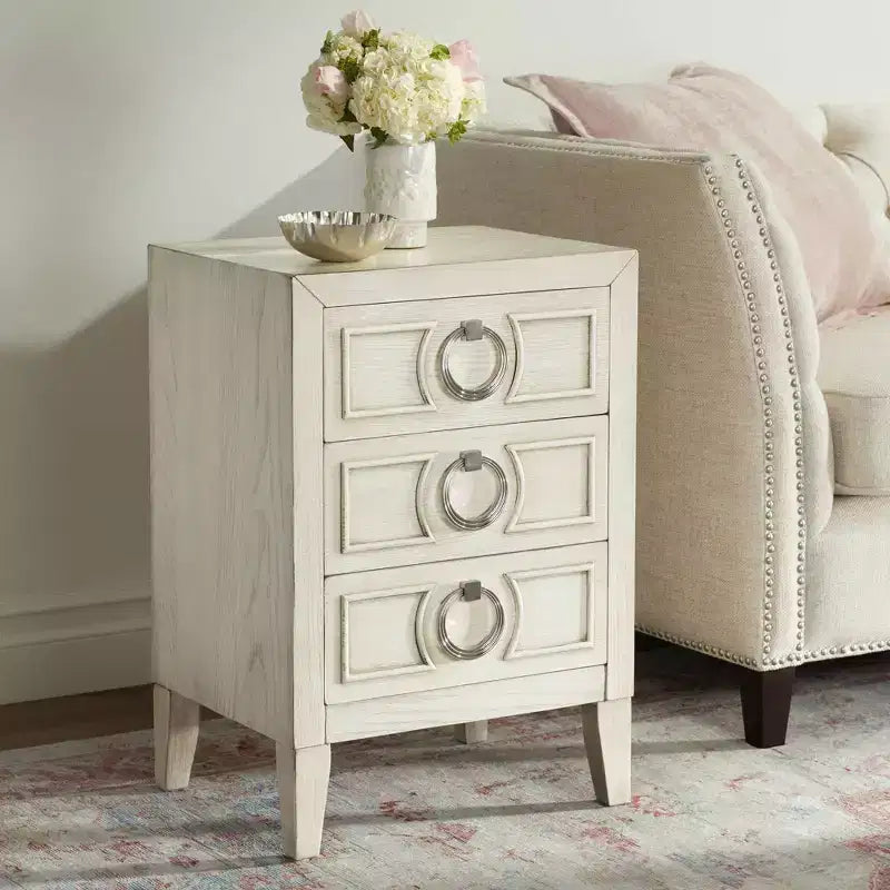 Coast to Coast Accents Reeds Farmhouse Rustic Wood Rectangular Accent Table 19 x 15 3/4 with 3-Drawer White for Living Room Bedroom Bedside Entryway