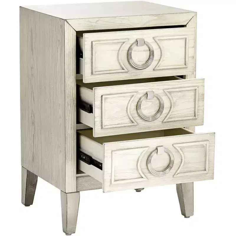 Coast to Coast Accents Reeds Farmhouse Rustic Wood Rectangular Accent Table 19 x 15 3/4 with 3-Drawer White for Living Room Bedroom Bedside Entryway